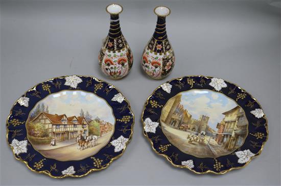 A pair of Royal Crown Derby cabinet plates and a pair of Royal Crown Derby Imari vases